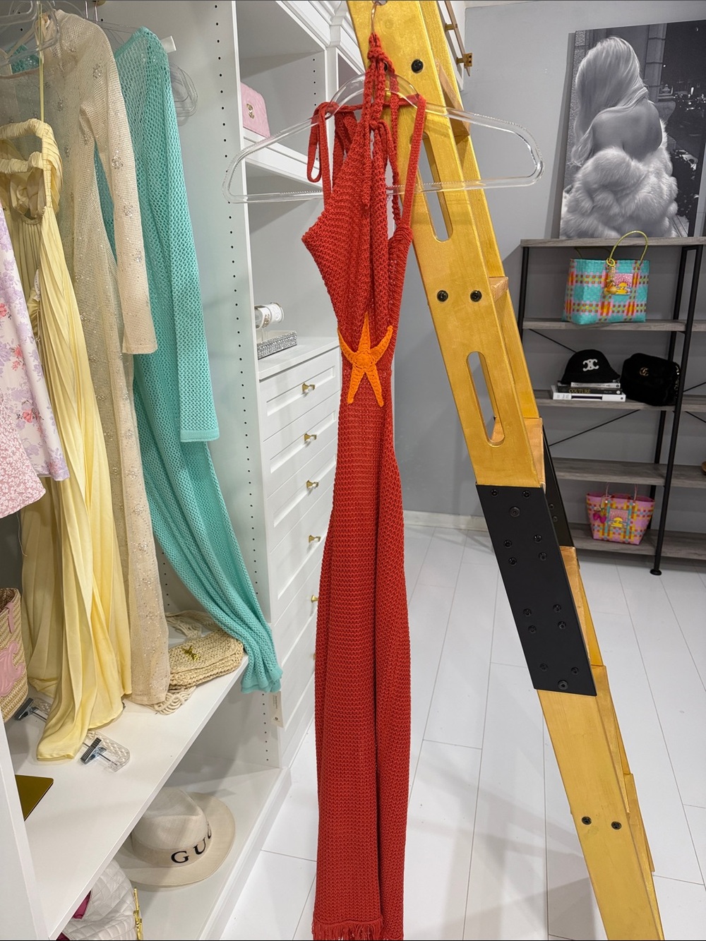 Cupshe Red Knit Halter Maxi Dress with Orange Star Accent